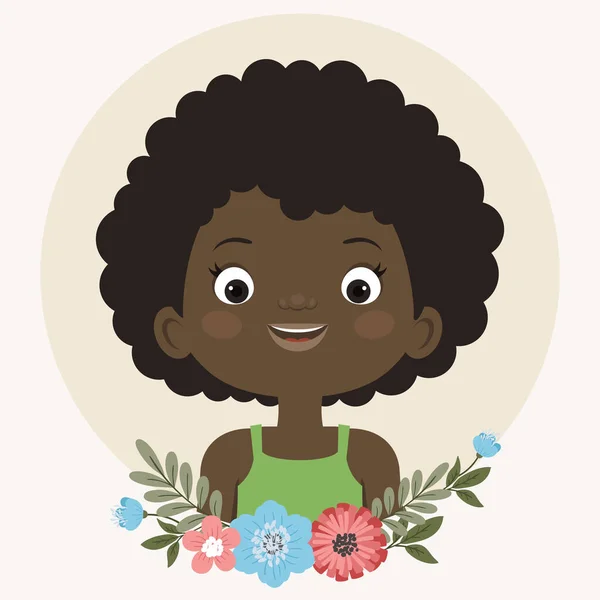 Šťastný Portrét Černošky Usmívající Černé Dítě Květinami Kresleném Stylu Vektorová — Stockový vektor