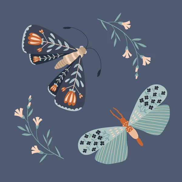 Mariposas Voladoras Flores Ilustración Conceptual Noche Verano Arte Vectorial — Vector de stock