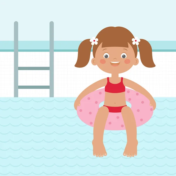 夏天快乐 快乐的小女孩在游泳池里一个充气的腿上游泳 快乐的孩子在游泳池里玩得开心 儿童夏季体育活动 矢量说明 — 图库矢量图片