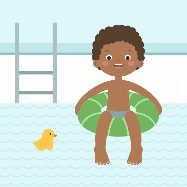夏天快乐 快乐的黑人小男孩在游泳池里的一个充气腿上游泳 快乐的孩子在游泳池里玩得开心 儿童夏季体育活动 家庭游泳池娱乐 矢量说明 — 图库矢量图片