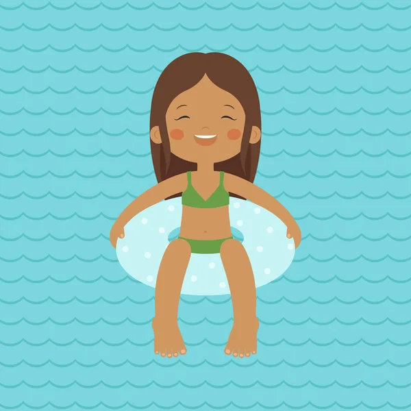 夏天快乐 快乐的小女孩在水里一个充气的腿上游泳 快乐的孩子在海里或海里玩的开心 夏天对孩子们来说很好玩 矢量说明 — 图库矢量图片