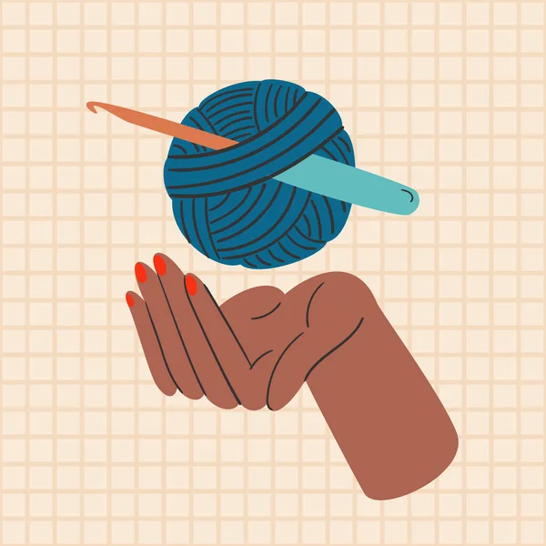 Crochê Conceitual Ilustração Desenhada Mão Pele Escura Mão Feminina Segurando — Vetor de Stock