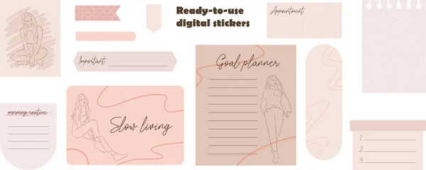 Digital Note Papers Stickers Digital Bullet Journaling Planning Digital Stickers — Stock Vector