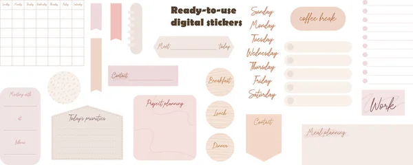 Digital Note Papers Stickers Digital Bullet Journaling Planning Ready Use — Stock Vector