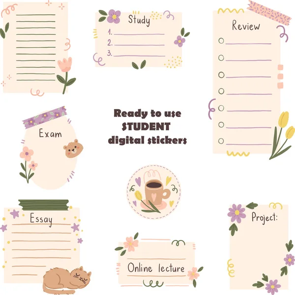 Handgetekende Notitiepapieren Stickers Voor Kogeljournalistiek Planning Klaar Studenten Digitale Stickers — Stockvector