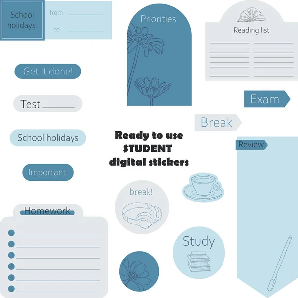 Öğrencinin Dijital Etiketleri Dijital Kağıtları Kurşun Günlük Planlama Çıkartmaları Öğrenci — Stok Vektör