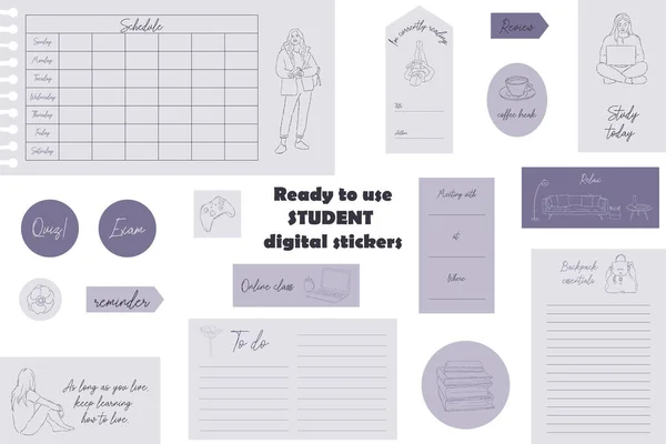 准备使用紫色学生数码贴纸 用于子弹记日记或计划的数字笔记纸和贴纸 回到学校计划的贴纸 矢量艺术 — 图库矢量图片