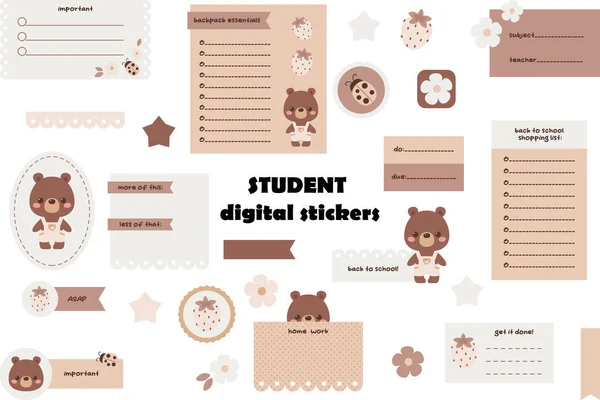 Okulun Dijital Etiketlerine Geri Dönelim Kawaii Ayı Öğrenci Çıkartmaları Vektör — Stok Vektör