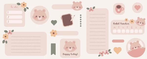 Kawaii数码贴纸与可爱的熊 用于子弹记日记或计划的数字笔记纸和贴纸 矢量艺术 — 图库矢量图片