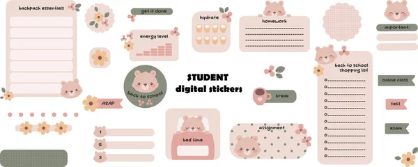 Pegatinas Digitales Kawaii Para Estudiantes Con Oso Lindo Papeles Notas — Archivo Imágenes Vectoriales