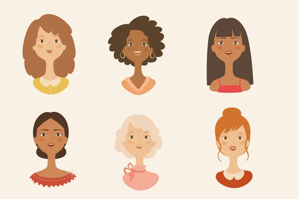 Set Von Avatarsymbolen Für Frauen Weiße Schwarze Asiatische Frauenporträts Ikonensammlung — Stockvektor