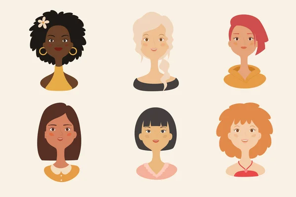 Een Aantal Avatar Iconen Van Vrouwen Blanke Zwarte Aziatische Vrouwenportret — Stockvector