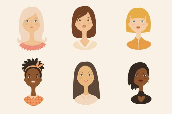 Set Von Avatarsymbolen Für Frauen Weiße Schwarze Asiatische Frauenporträts Ikonensammlung — Stockvektor