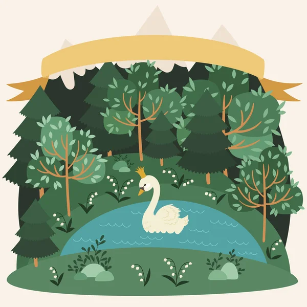 Сказочная Принцесса Лебедь Короной Плавающая Пруду Озере Лесу Милая Ручная — стоковый вектор
