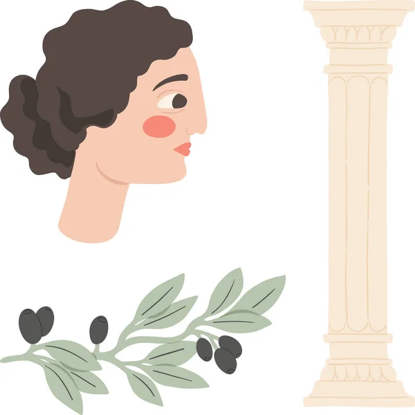 Greek Antique Woman Portrait Olive Brach Mediterranean Column Travel Vacation — Stock Vector