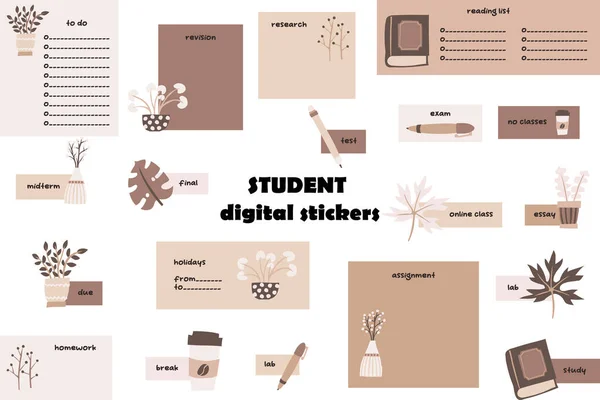 Цифровые Стикеры Студентов Цифровые Заметки Наклейки Записи Планирования Пуль Студенческие — стоковый вектор