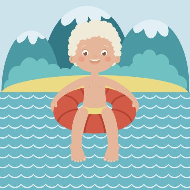 Dağ gölünde yaz eğlencesi. Suda şişirilebilir bir kucakta yüzen mutlu küçük çocuk. Mutlu çocuk gölde eğleniyor. Yaz eğlencesi. Vektör illüstrasyonu
