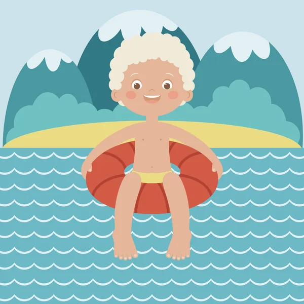 夏天在高山湖上玩得很开心 快乐的小男孩在水里一个充气的腿上游泳 快乐的孩子在湖中玩得开心 夏天的娱乐活动矢量说明 — 图库矢量图片