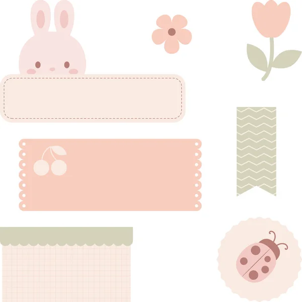 Cute Digital Note Papers Stickers Bullet Journaling Planning Kawaii Bunny — Stock Vector