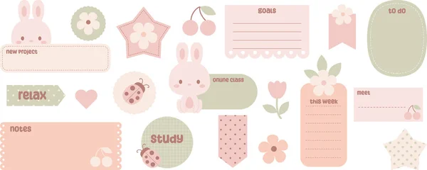可爱的数字笔记纸和贴纸 用于子弹日记或计划 Kawaii兔子 准备使用数字贴纸为数字规划者 矢量艺术 — 图库矢量图片