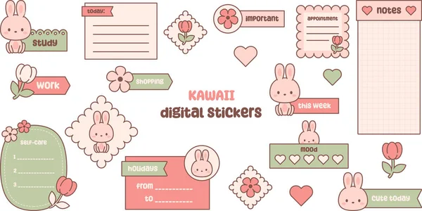 Cute Digital Note Papers Stickers Digital Bullet Journaling Planning Kawaii — Stock Vector