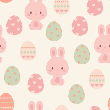 Kawaii tavşanı ve paskalya yumurtaları pürüzsüz. Paskalya desenli. Vektör sanatı.