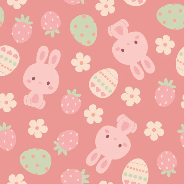 Kawaii兔子 复活节蛋 草莓和花朵无缝图案 复活节图案的设计 矢量艺术 — 图库矢量图片