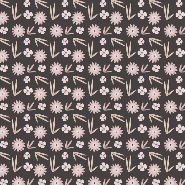 Schattig Abstract Naadloos Patroon Handgetekende Bladeren Bloemen Donkere Achtergrond Vector — Stockvector