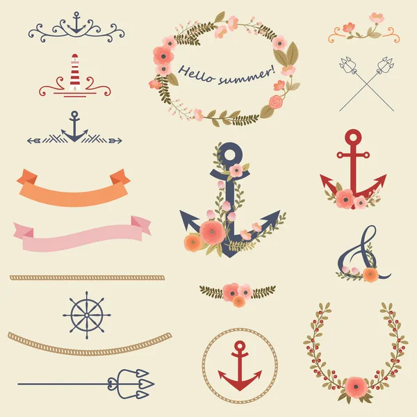 Deniz Karikatürü Klipsli Sanat Koleksiyonu Anchor Banner Çelenk Tasarım Elementleri — Stok Vektör