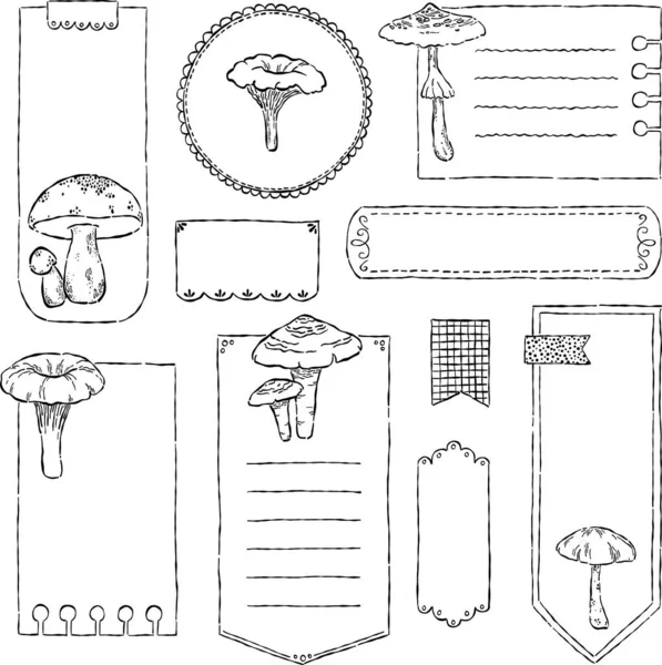 用于数字子弹记日记或计划的数字笔记纸和贴纸 手工绘制的病媒蘑菇集 线条艺术 准备使用空白粘贴 — 图库矢量图片