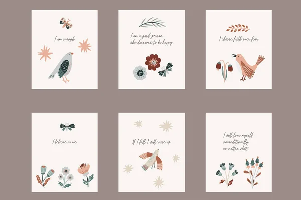 Κάρτες Επιβεβαίωσης Πουλιά Πεταλούδες Και Λουλούδια Θετικά Αποσπάσματα Φράσεις Ρήματα — Διανυσματικό Αρχείο