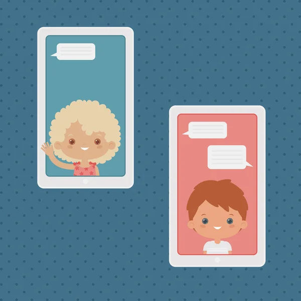 Enfants Heureux Bavardant Ligne Communication Ligne Par Téléphone Art Conceptuel — Image vectorielle