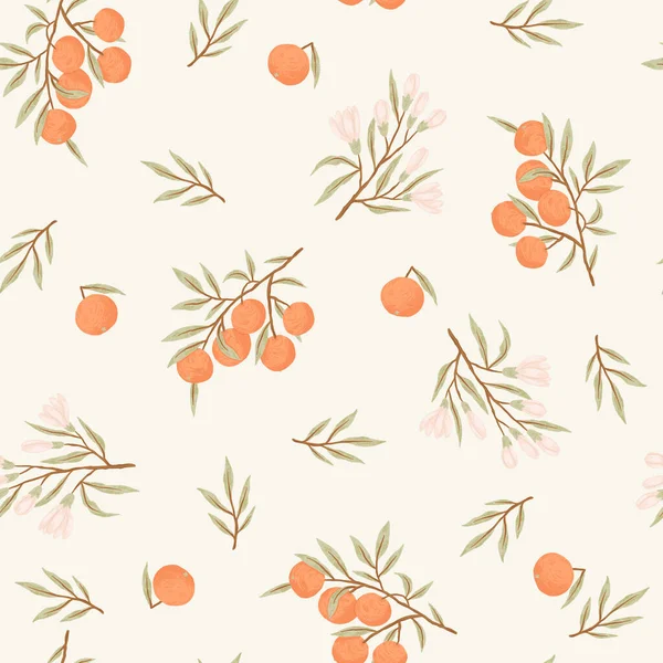 Patrón Sin Costuras Fruta Naranja Rama Naranja Dibujada Mano Flor — Vector de stock