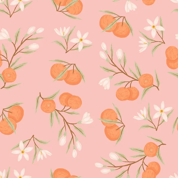 Pomerančový Bezešvý Vzor Ručně Kreslená Oranžová Větev Pomerančové Květy Plody — Stockový vektor