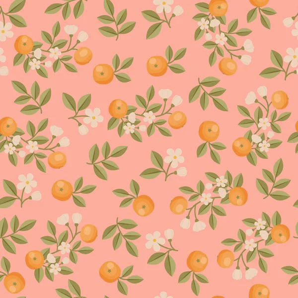 Pomerančový Bezešvý Vzor Pomerančová Větev Pomerančové Květy Plody Vektorové Hladké — Stockový vektor
