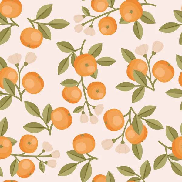 オレンジフルーツシームレスパターン オレンジの枝 オレンジの花 ベクターシームレス壁紙 — ストックベクタ
