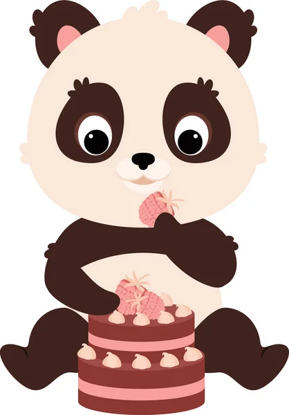 Roztomilý Panda Charakter Jíst Malinový Dort Cartoon Flat Clip Art — Stockový vektor