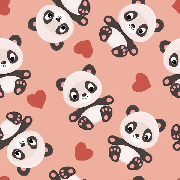 Panda Bonito Com Corações Papel Parede Sem Costura Padrão Sem —  Vetores de Stock