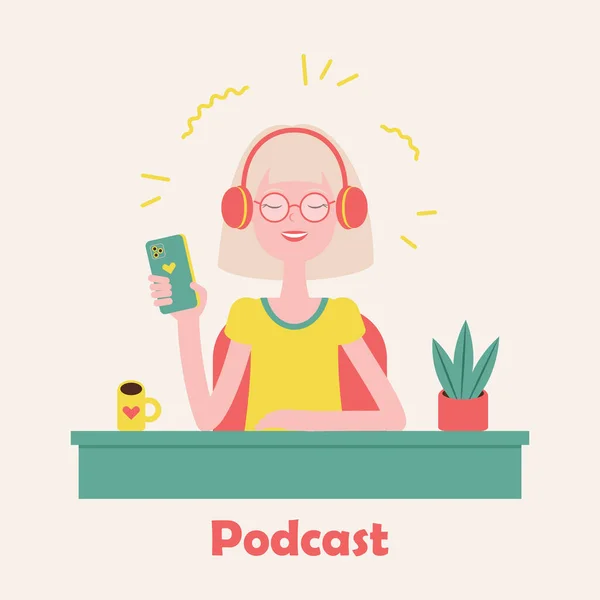 Podcast Konzeptvektorillustration Blondes Mädchen Das Eine Podcast Flachzeichnung Macht Medien — Stockvektor
