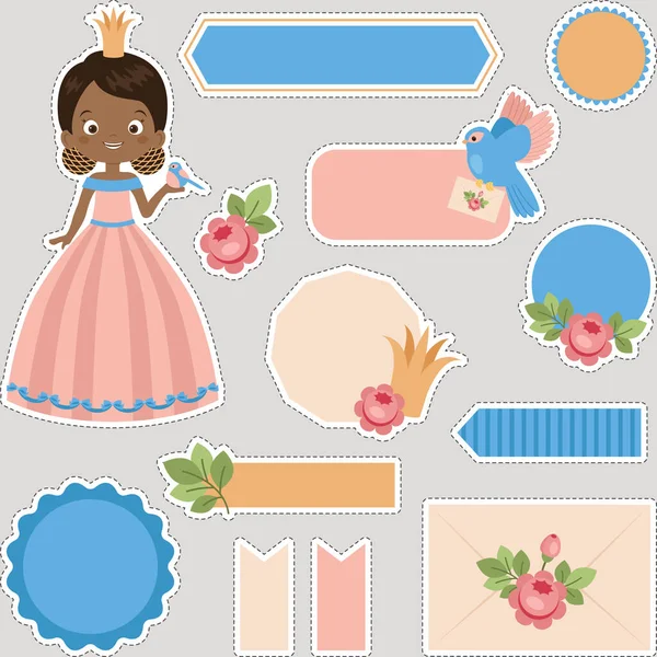 Little Princess Digital Stickers Set Cute Collection Princess Blue Bird — Stock Vector