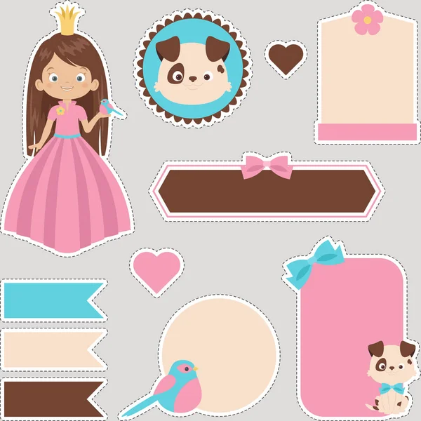 Little Princess Digital Stickers Set Cute Collection Princess Bird Puppy — Stock Vector
