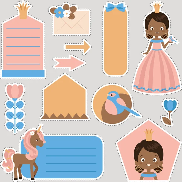 Stickers Numériques Pour Petite Princesse Mignonne Collection Princesse Peau Foncée — Image vectorielle