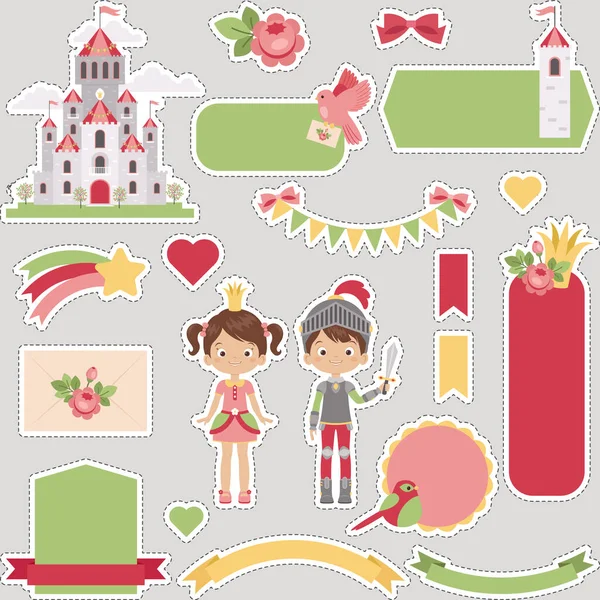 Prince Princess Digital Stickers Set Cute Collection Prince Princess Castle — Stock Vector