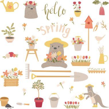 Bahçedeki sevimli su samuru karakteri. Bahçe işleri dışarıda. Bahar bahçıvanlığı kavramsal sanat. Vektör izole çizimleri. 