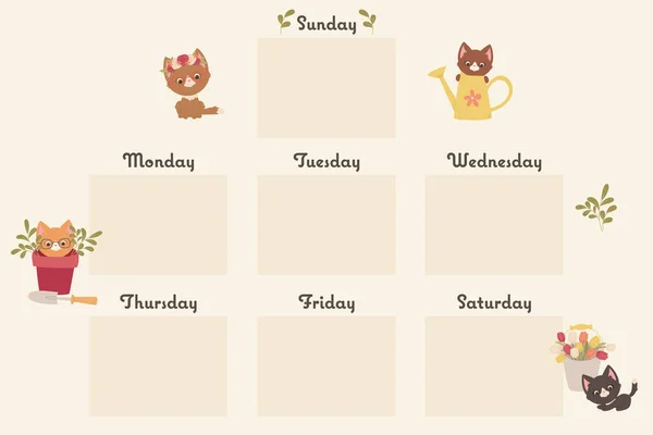 Planejador Semanal Com Gatinhos Bonitos Dos Desenhos Animados Calendário Semanal —  Vetores de Stock