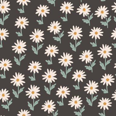 Vector hand drawn doodle illustration of chamomile flowers. Vector floral seamless pattern. Seamless wallpaper or fabric design template.
