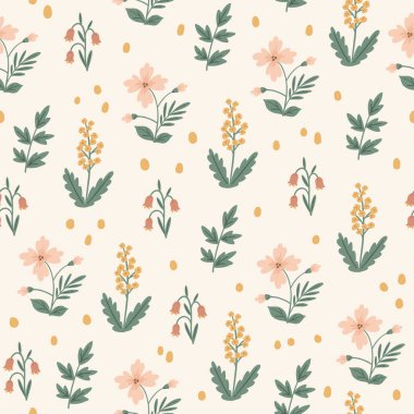 Vector hand drawn doodle illustration of Spring or Summer flowers. Vector floral seamless pattern. Seamless wallpaper or fabric design template.