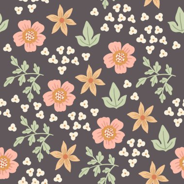 Vector hand drawn doodle illustration of Spring or Summer flowers. Vector floral seamless pattern. Seamless wallpaper or fabric design template.