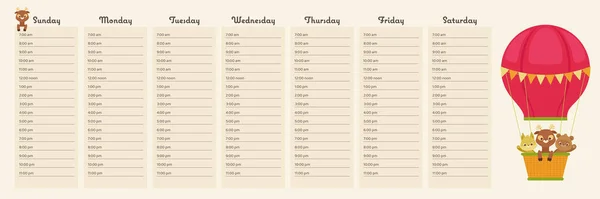 Cotygodniowy Planista Uroczymi Zwierzętami Kreskówek Tygodniowy Kalendarz Niedzielny Początek Harmonogram Grafika Wektorowa