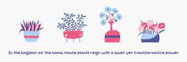 Cartoon house plants illustration with inspirational text. Urban jungle concept. Cute indoor plants. Concept lettering. Growing house plants. Vector illustration. clipart